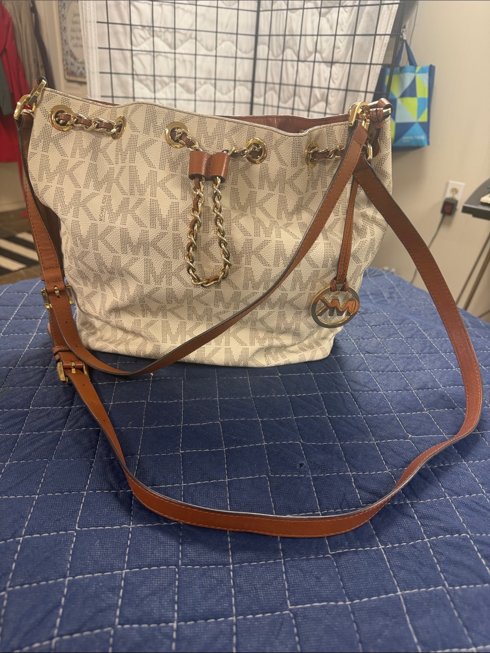 Michael Kors Beige Logo Drawstring Shoulder Bag with Brown Trim